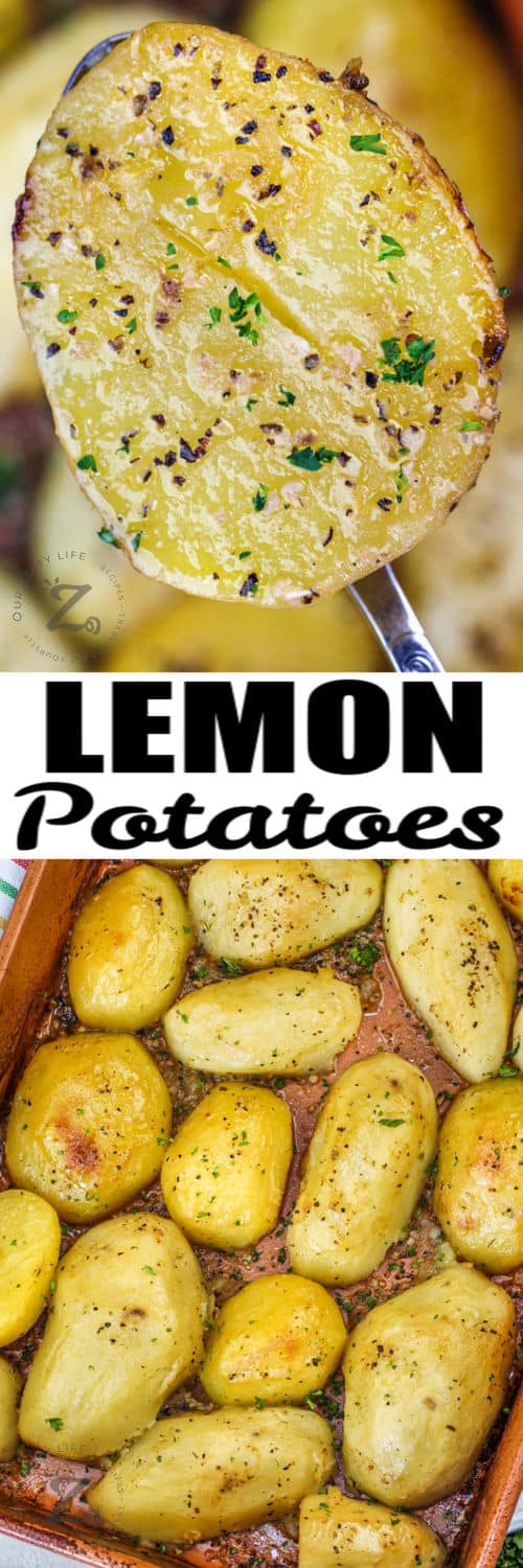 Greek Style Lemon Potatoes in a casserole dish and on a spoon with writing