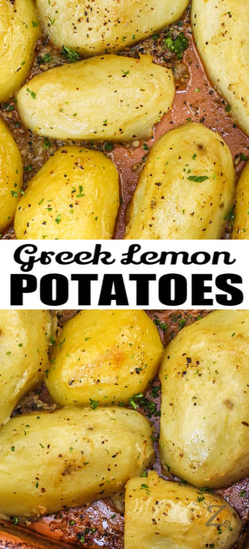 cooked Greek Style Lemon Potatoes with writing