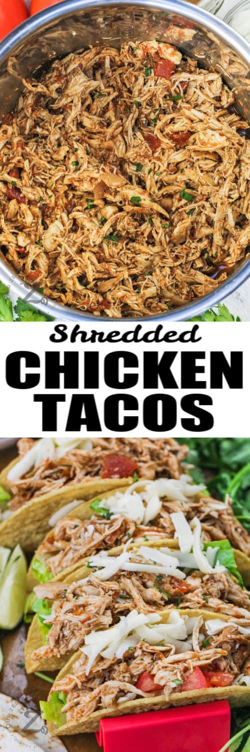 shredded chicken in a bowl and plated Instant Pot Shredded Chicken Tacos with a title