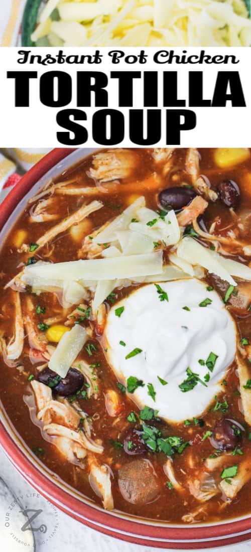 close up of Instant Pot Tortilla Chicken Soup with writing