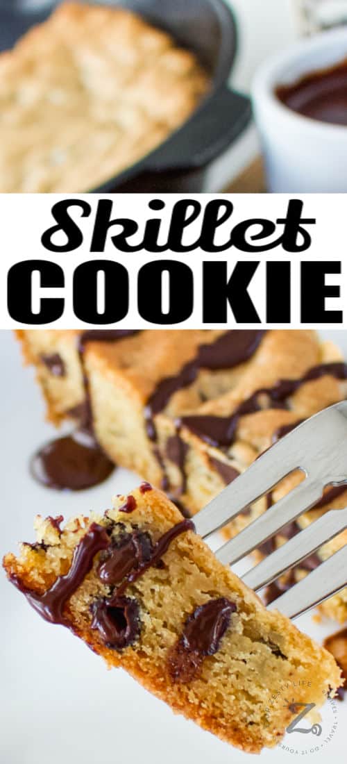 close up of Skillet Cookie Recipe on a fork with a title