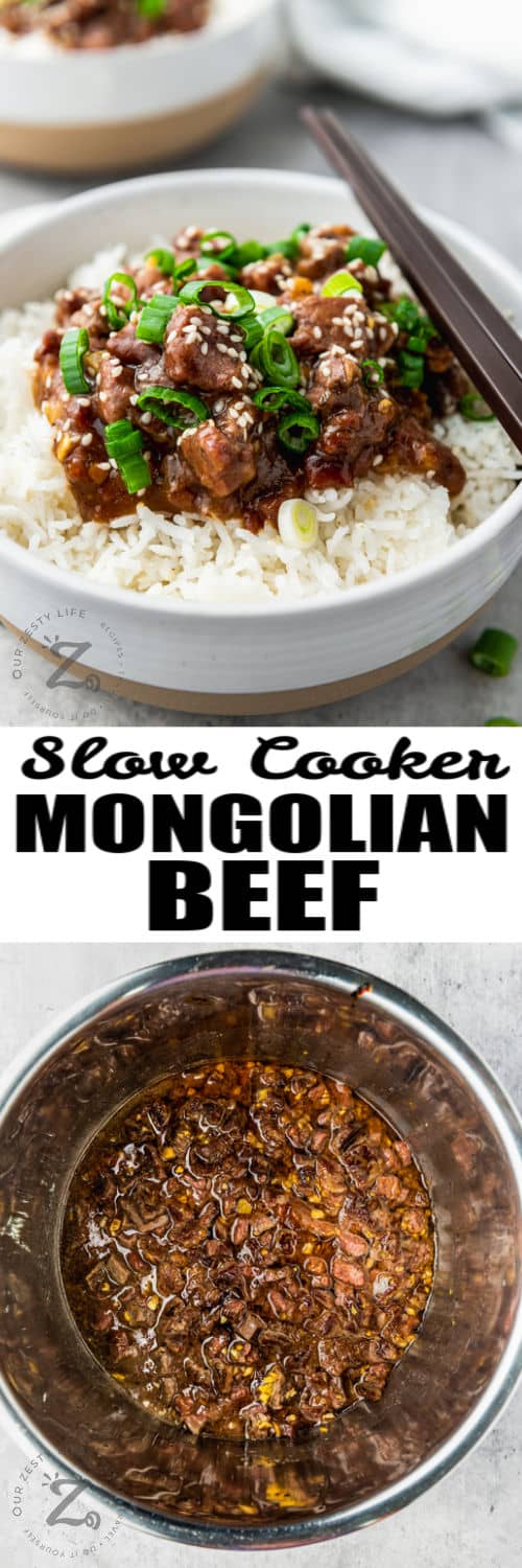 Slow Cooker Mongolian Beef in the pot and in bowls with writing