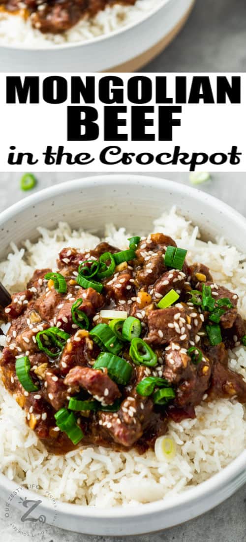 bowls of Slow Cooker Mongolian Beef with writing