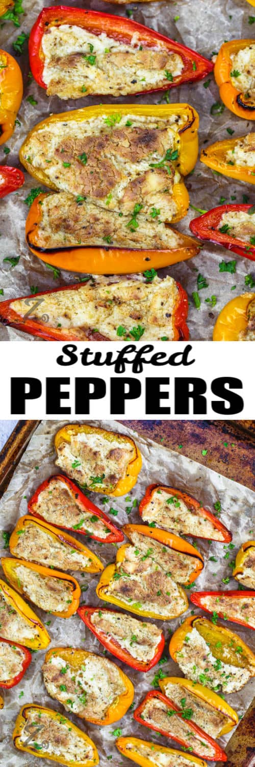 Stuffed Mini Peppers on a sheet pan and close up with writing