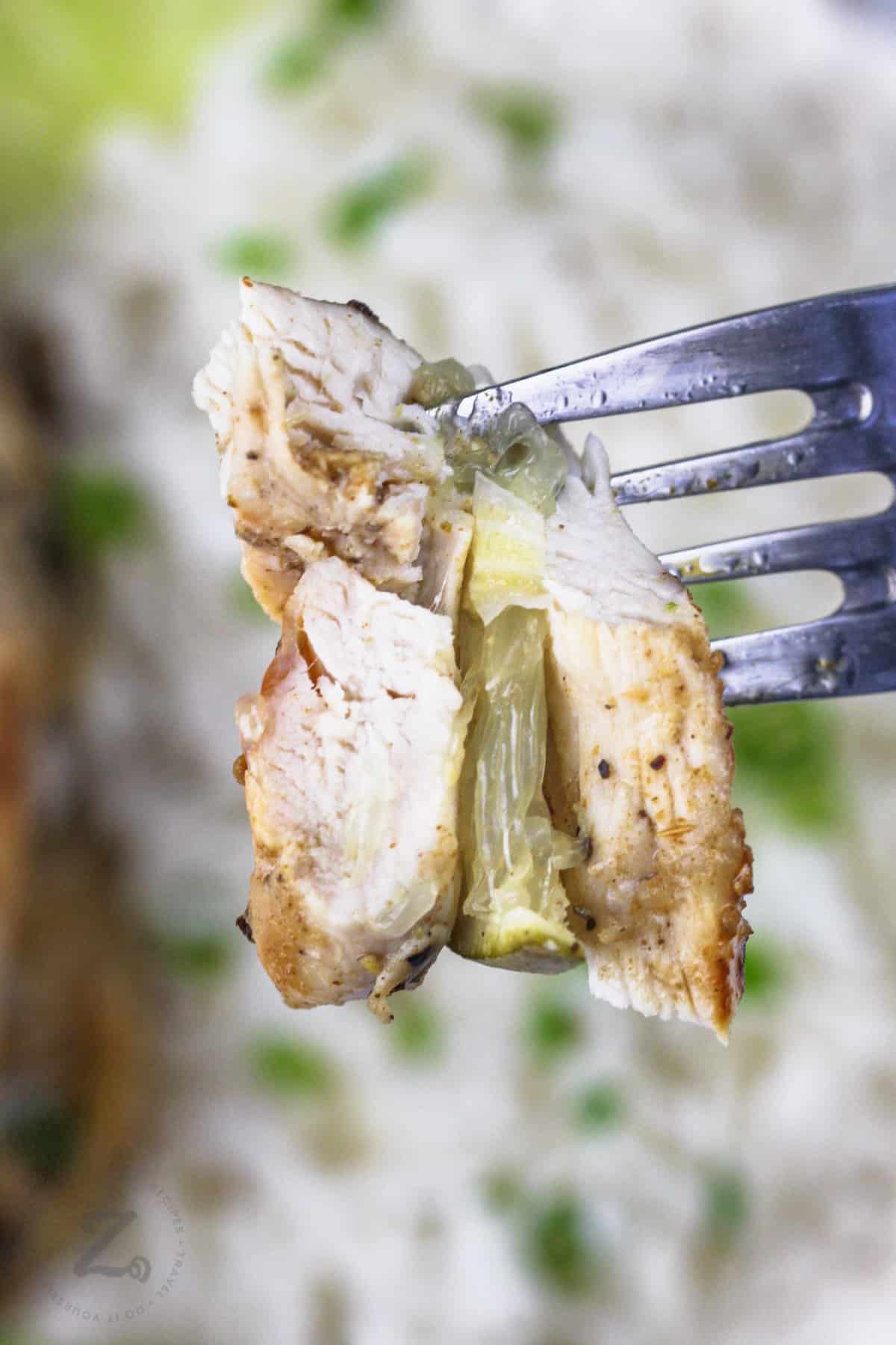 piece of Lime Chicken on a fork