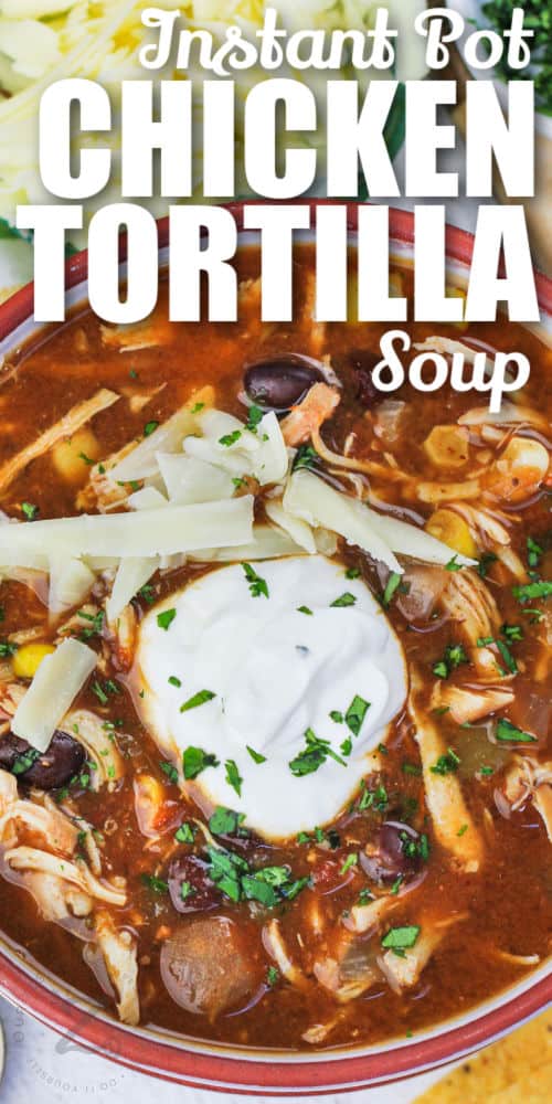 bowl of Instant Pot Tortilla Chicken Soup with a title