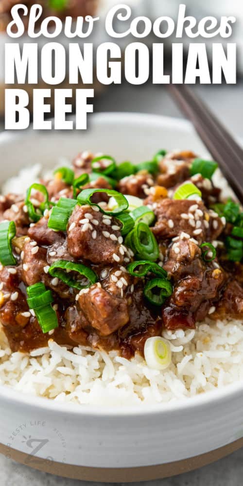 bowl of Slow Cooker Mongolian Beef with a title