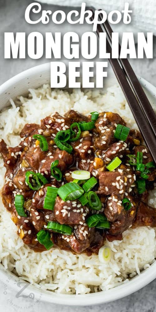 close up of Slow Cooker Mongolian Beef with writing