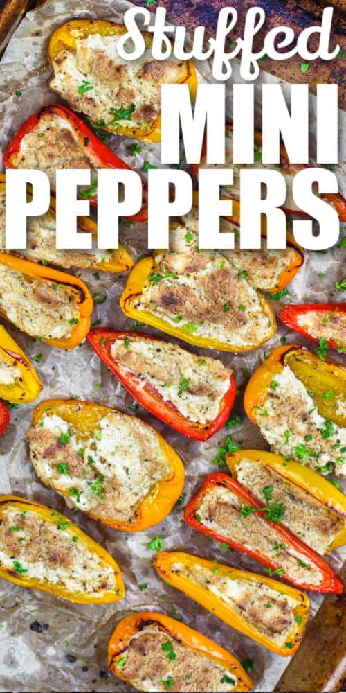 sheet pan with cooked Stuffed Mini Peppers and writing