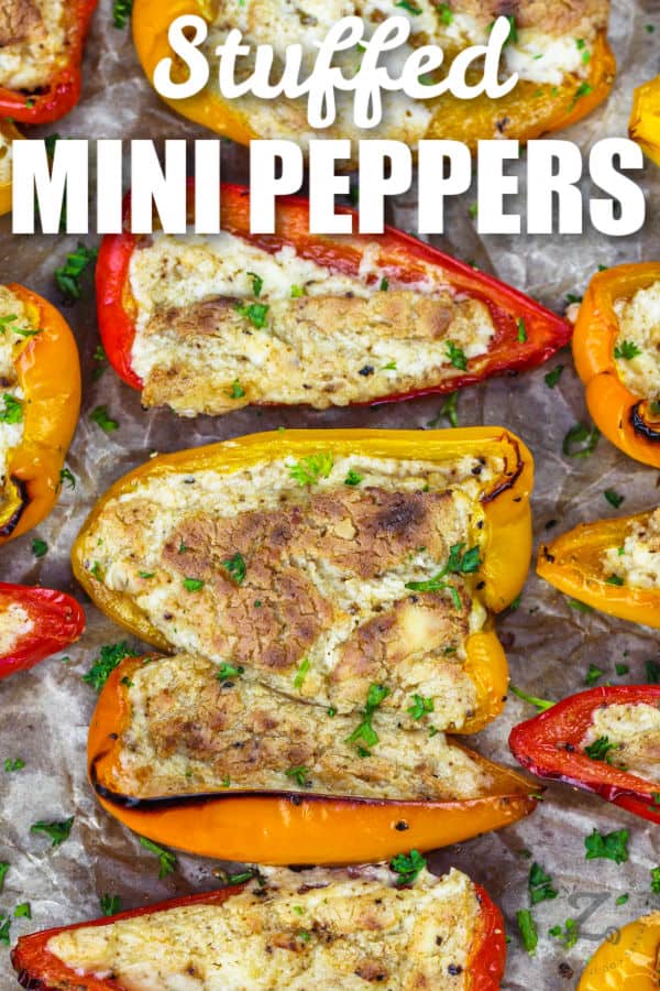 close up of Stuffed Mini Peppers with a title