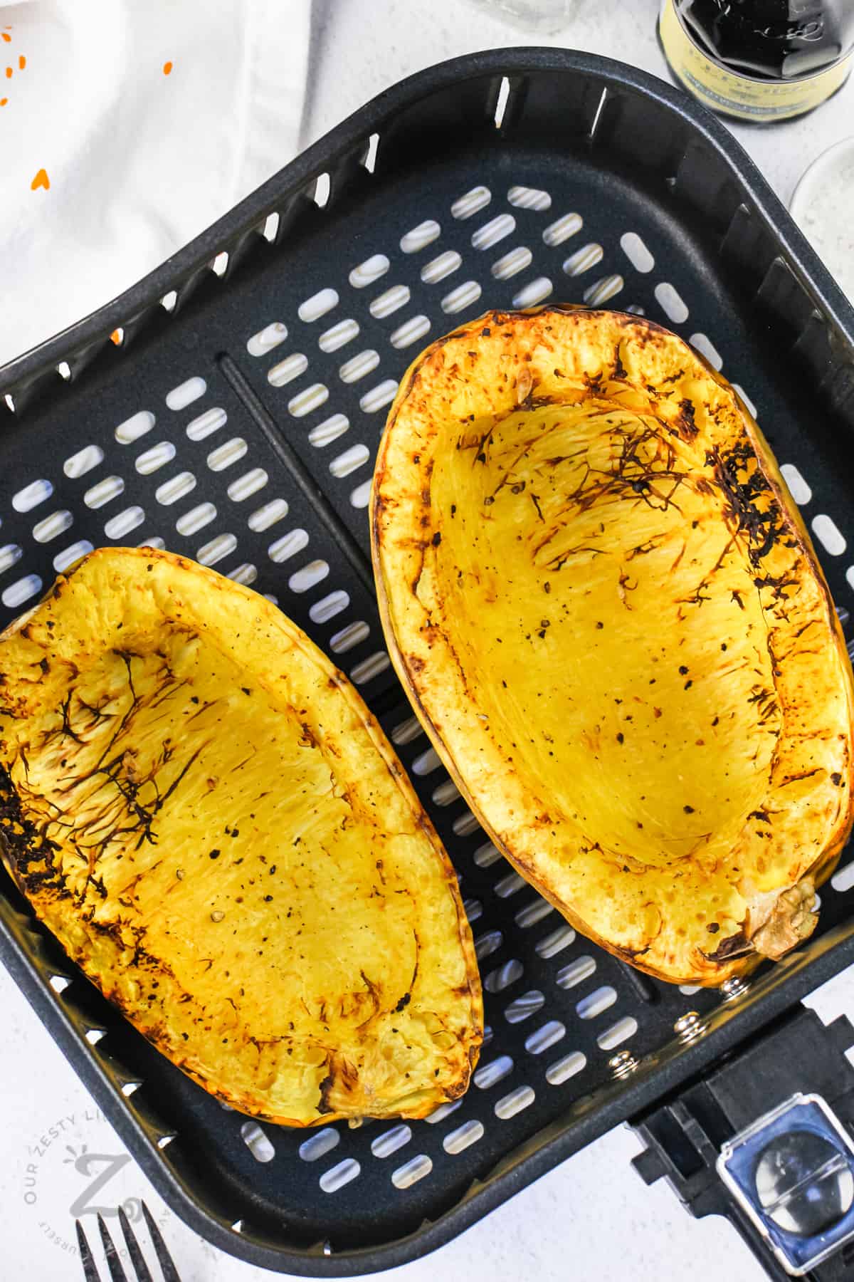 cooked Air Fryer Spaghetti Squash in the fryer