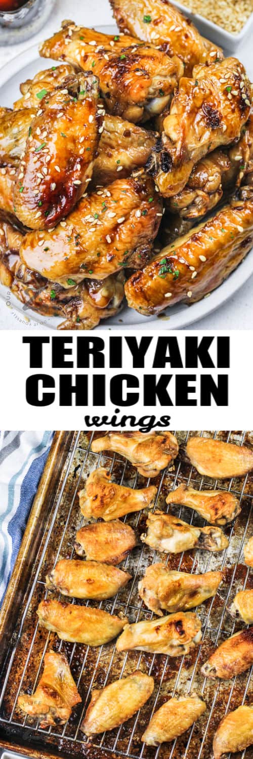 sheet pan of baked chicken and plated Baked Teriyaki Chicken Wings with a title
