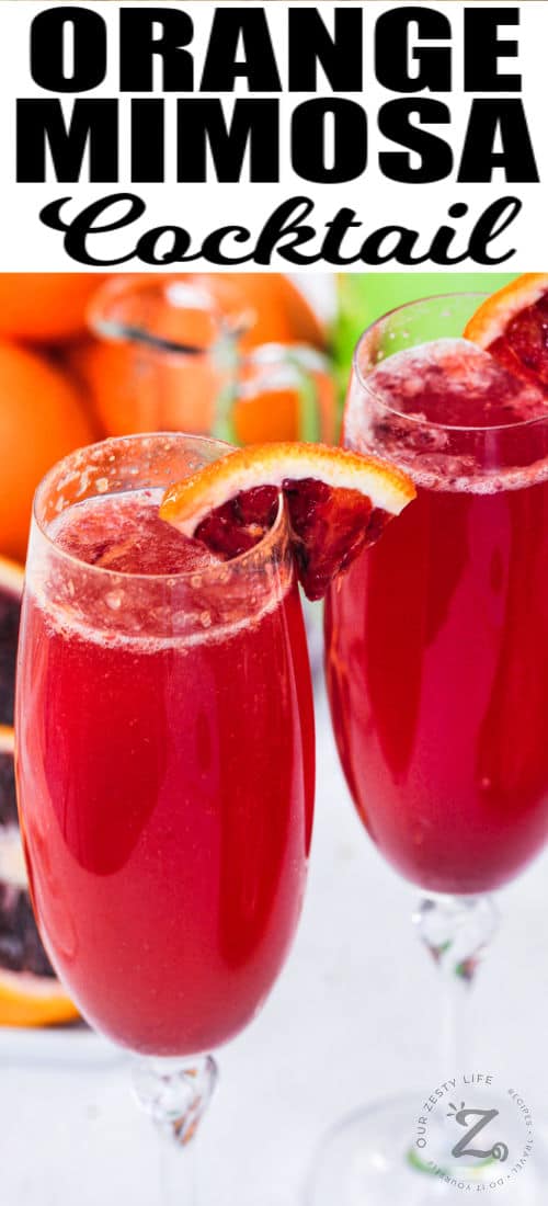 Blood Orange Mimosa cocktails with writing