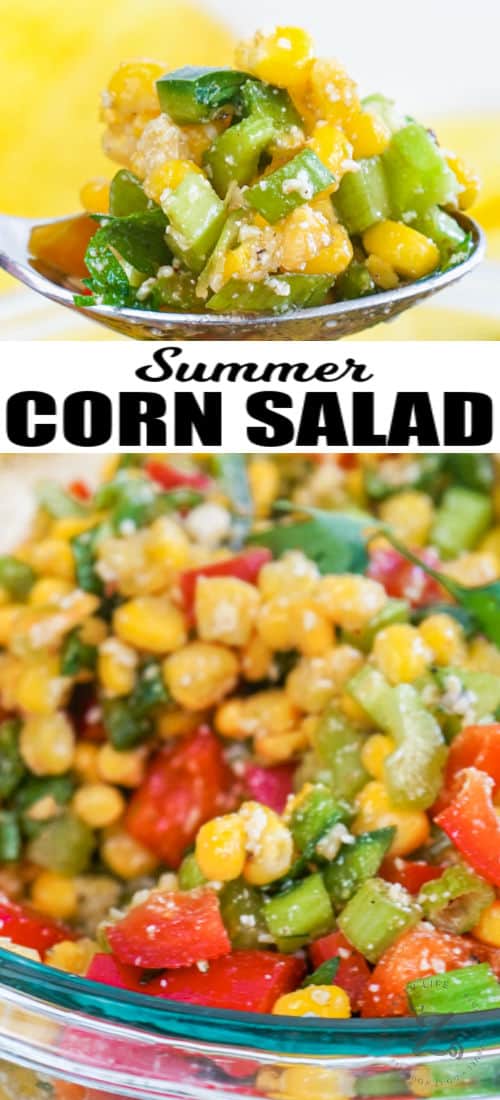 Corn Salad on a spoon with a title
