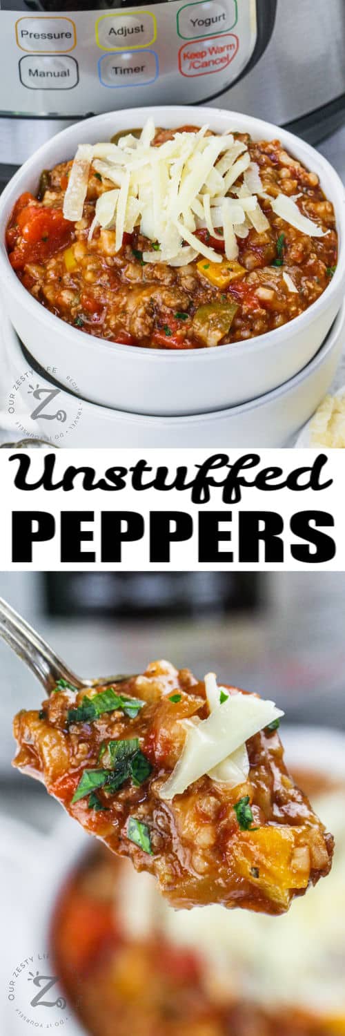 Instant Pot Unstuffed Peppers in a bowl and on a spoon with a title