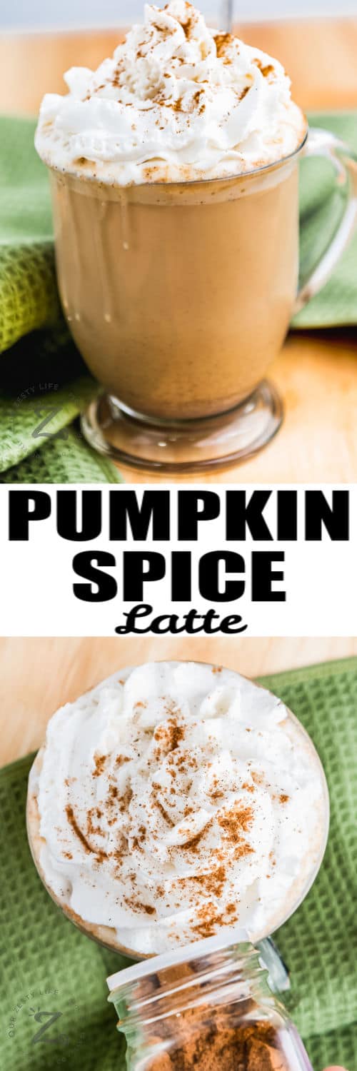 adding pumpkin spice to Pumpkin Spice Latte and glass full with a title