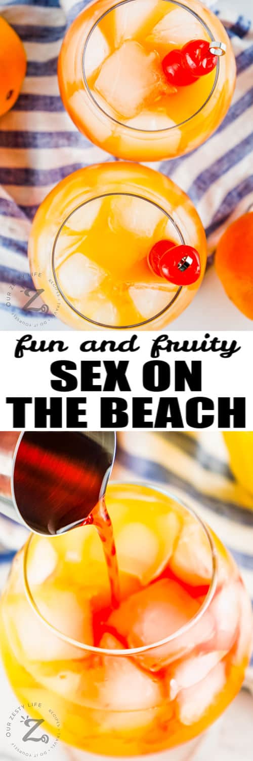 pouring grenadine in glass and full glasses of Sex on the Beach Cocktail with writing