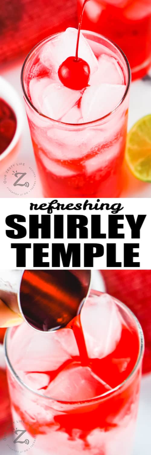 Shirley Temple in a glass and with a cherry with a title