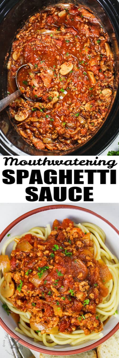 Slow Cooker Spaghetti Sauce in the pot and plated with a title