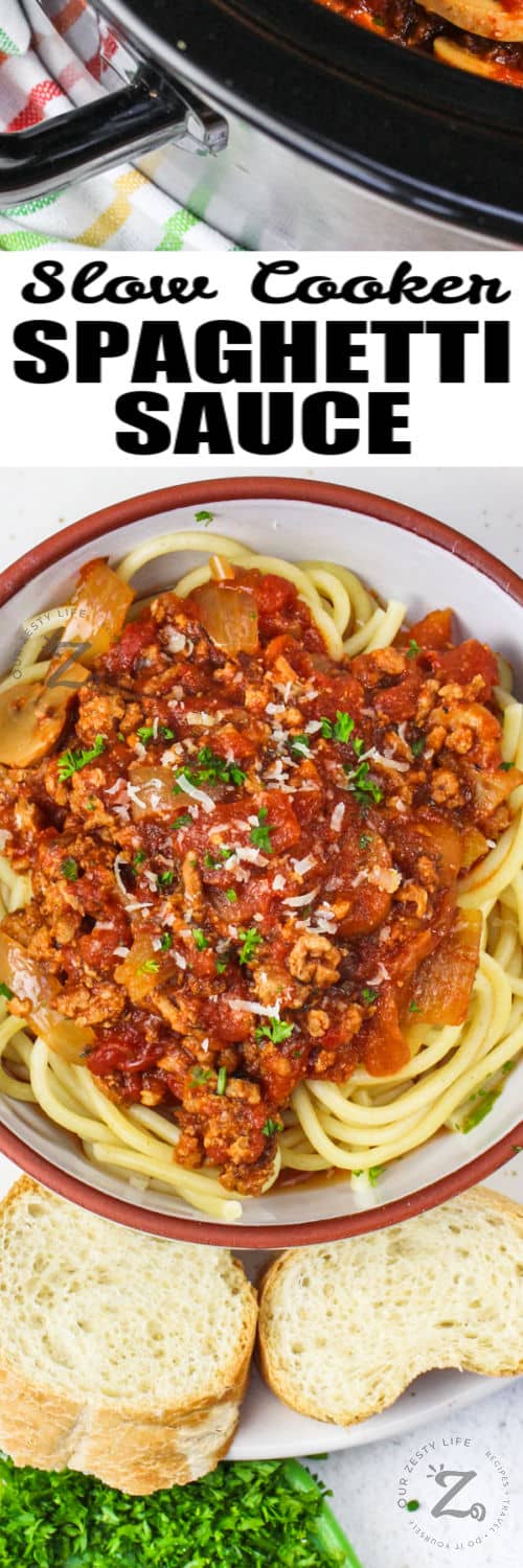 plated Slow Cooker Spaghetti Sauce with a title