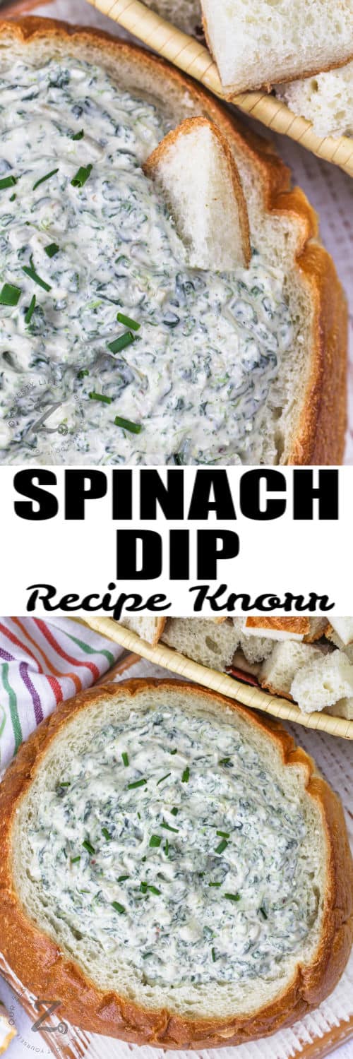 Spinach Dip in a bread bowl and close up with a title