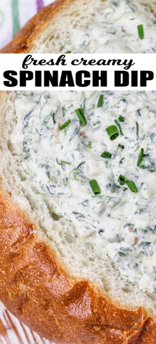 close up of Spinach Dip with writing