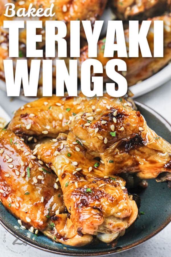 Baked Teriyaki Chicken Wings with sesame seeds and writing