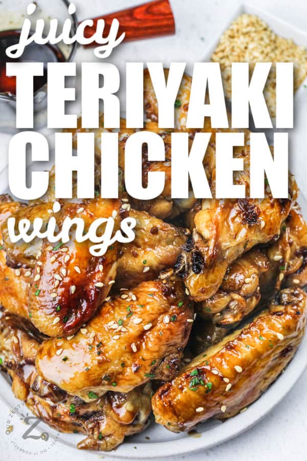 close up of Baked Teriyaki Chicken Wings with writing