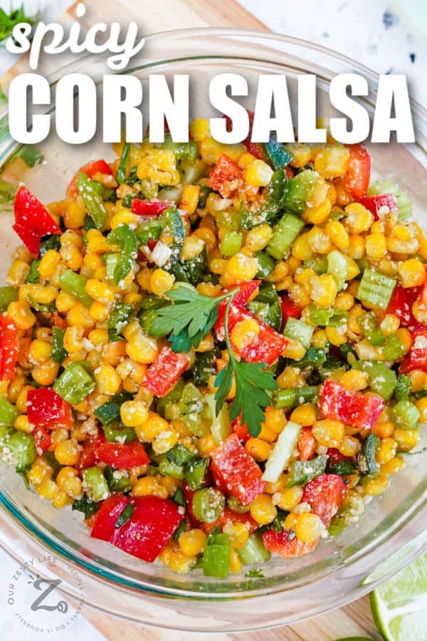top view of Corn Salad in a bowl with a title