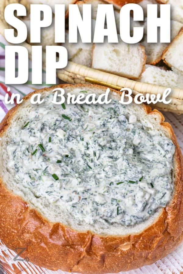 bread bowl with Spinach Dip and a title