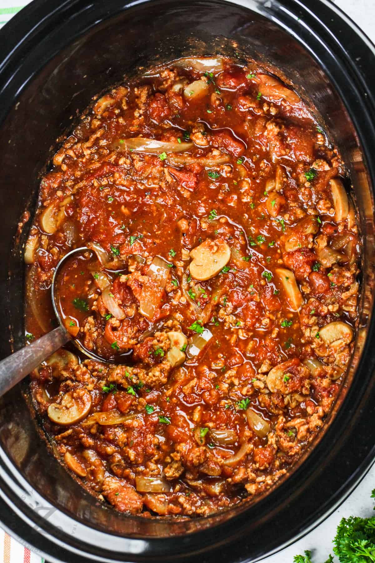 Slow Cooker Spaghetti Sauce cooked in the pot