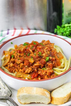 Slow Cooker Spaghetti Sauce on pasta with bread
