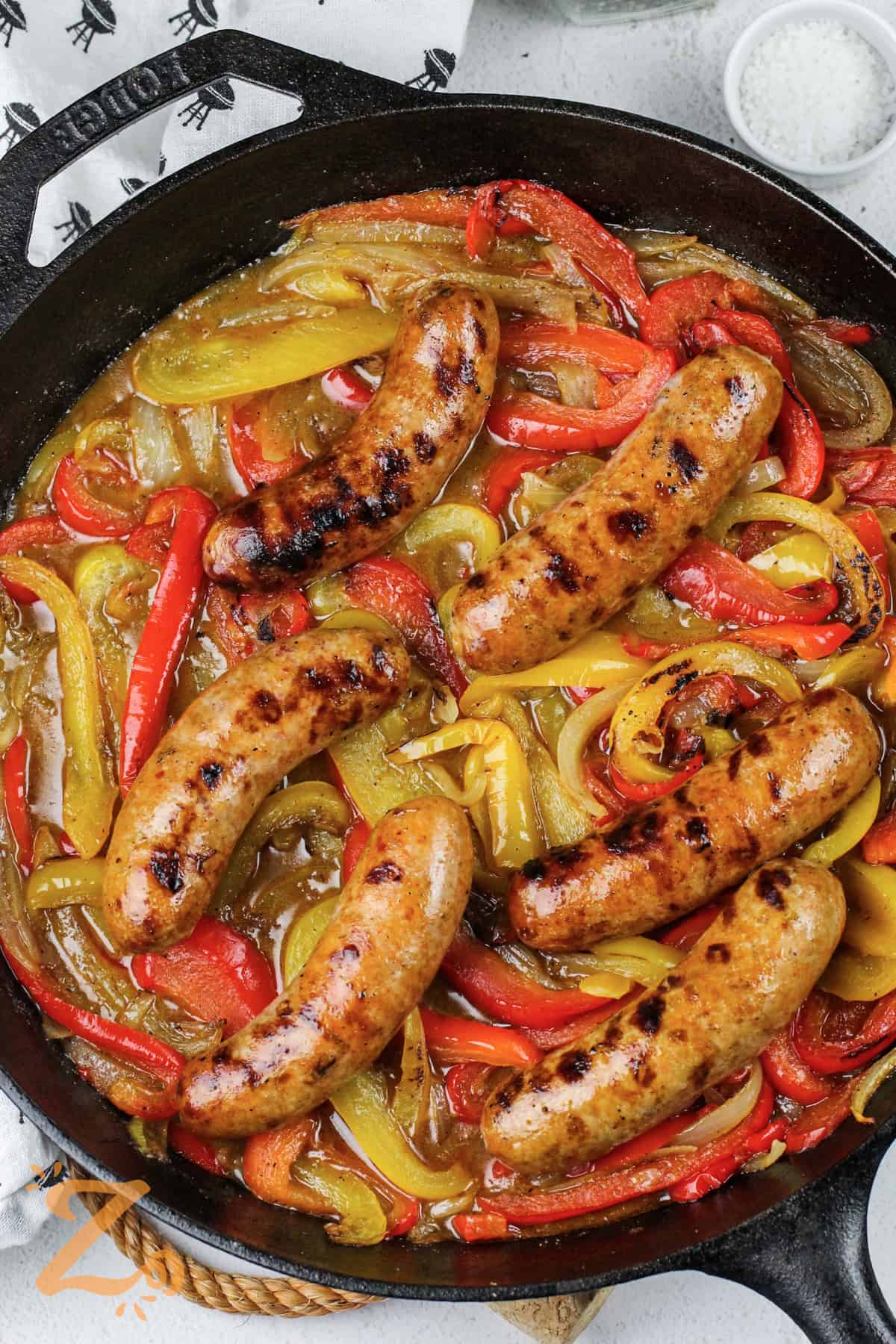 pan of cooked Grilled Sausage and Peppers