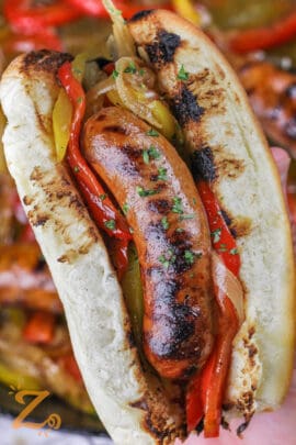 hot dog bun with Grilled Sausage and Peppers