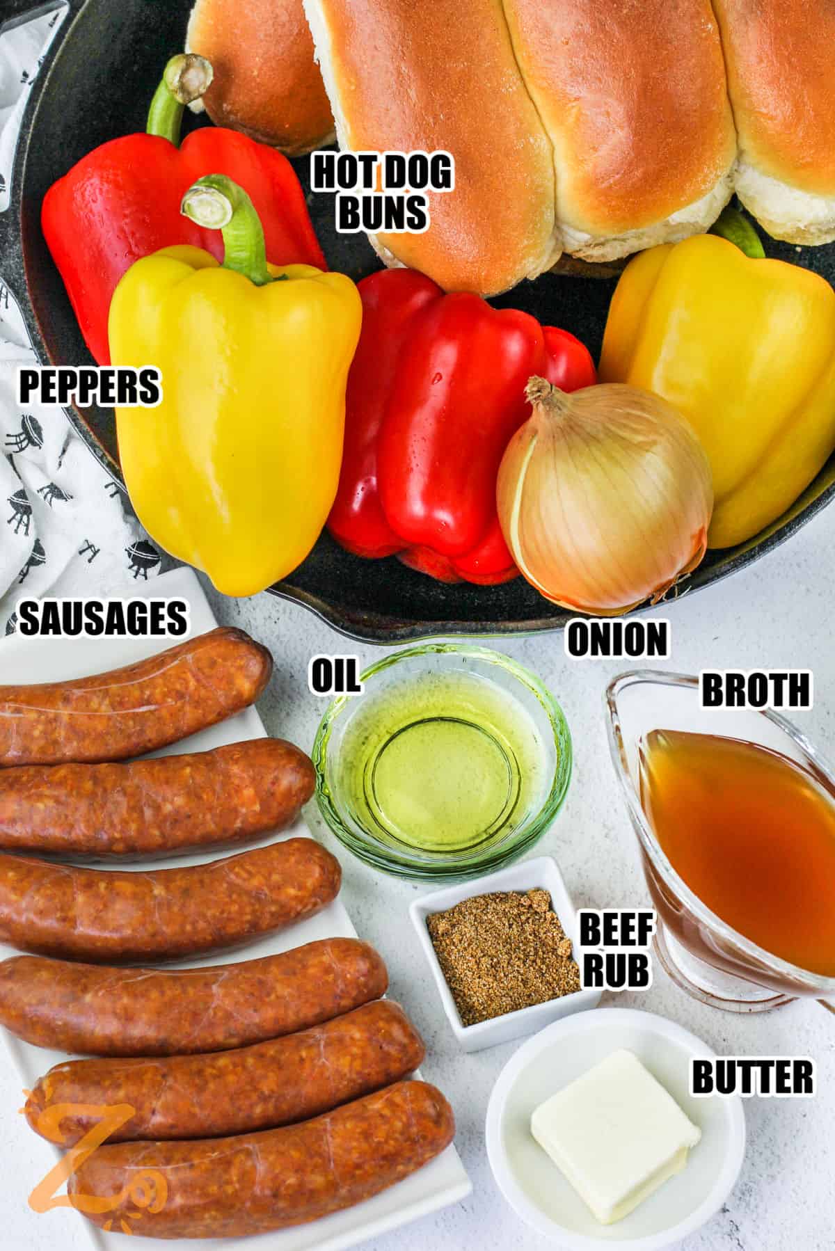 hot dog buns , peppers , sausages , oil , onion, broth , beef rub and butter with labels to make Grilled Sausage and Peppers