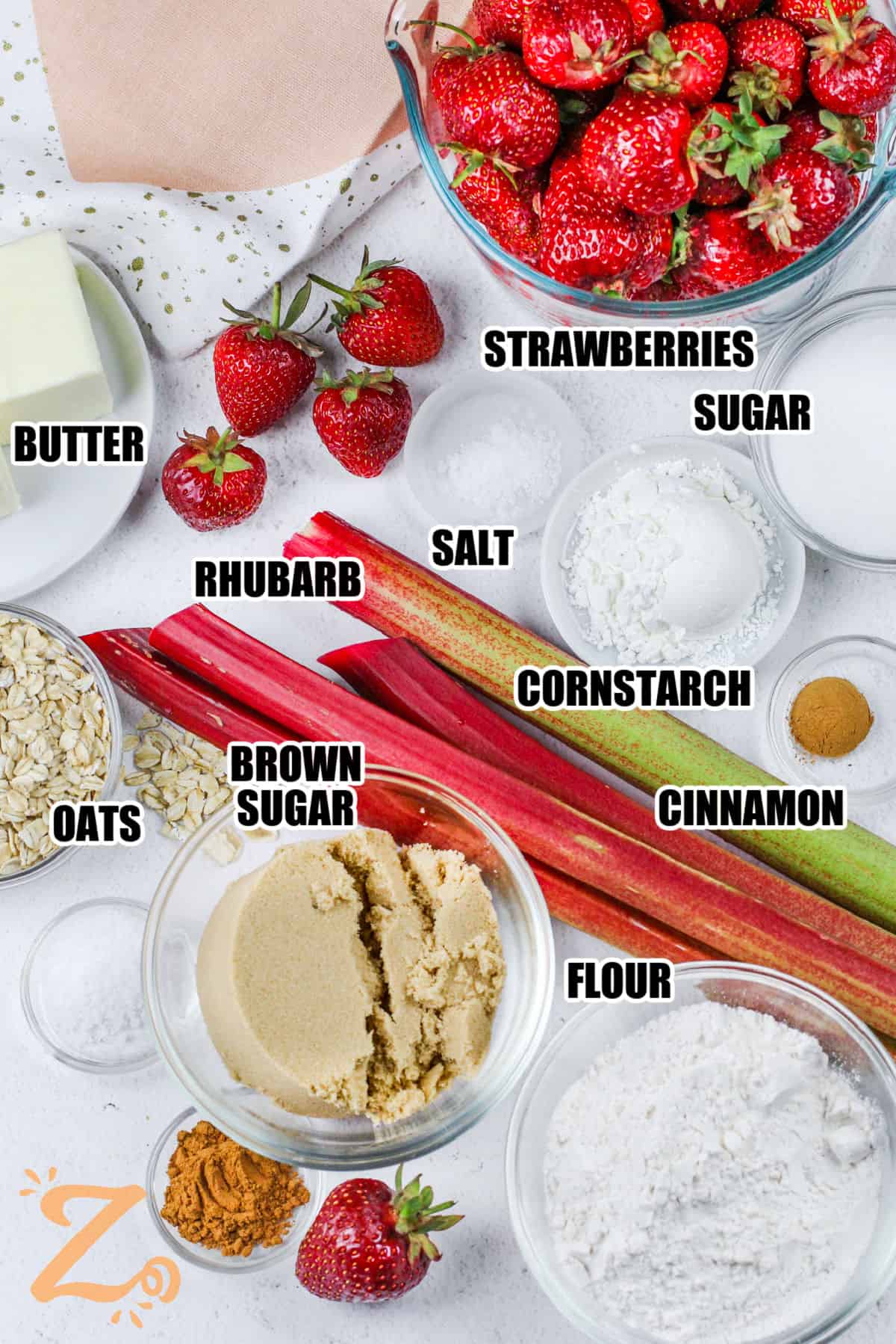 strawberries , sugar , salt , cornstarch , cinnamon , flour, brown sugar , oats , butter and rhubarb with labels to make Strawberry Rhubarb Crisp