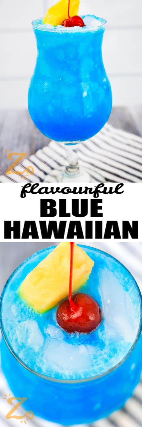 Blue Hawaiian Cocktail in a glass and close up with writing