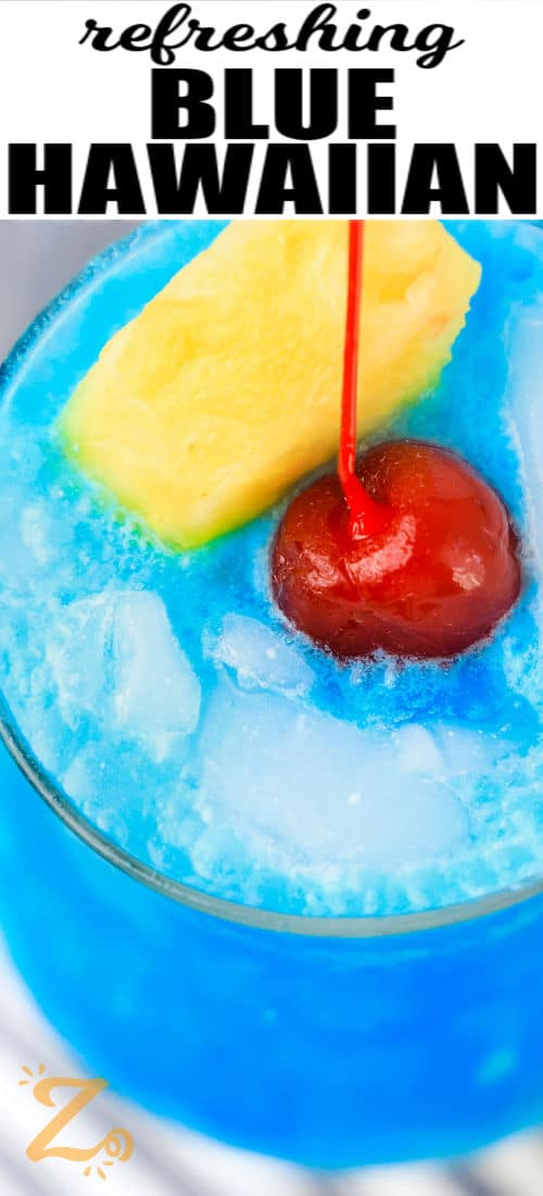 close up of Blue Hawaiian Cocktail with a title