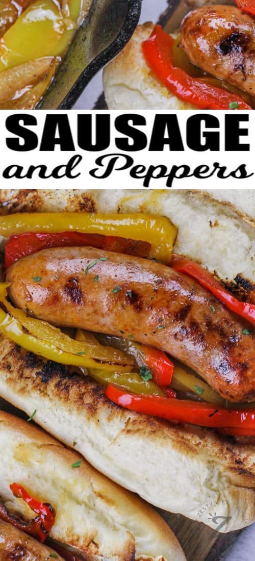 plated Grilled Sausage and Peppers with a title