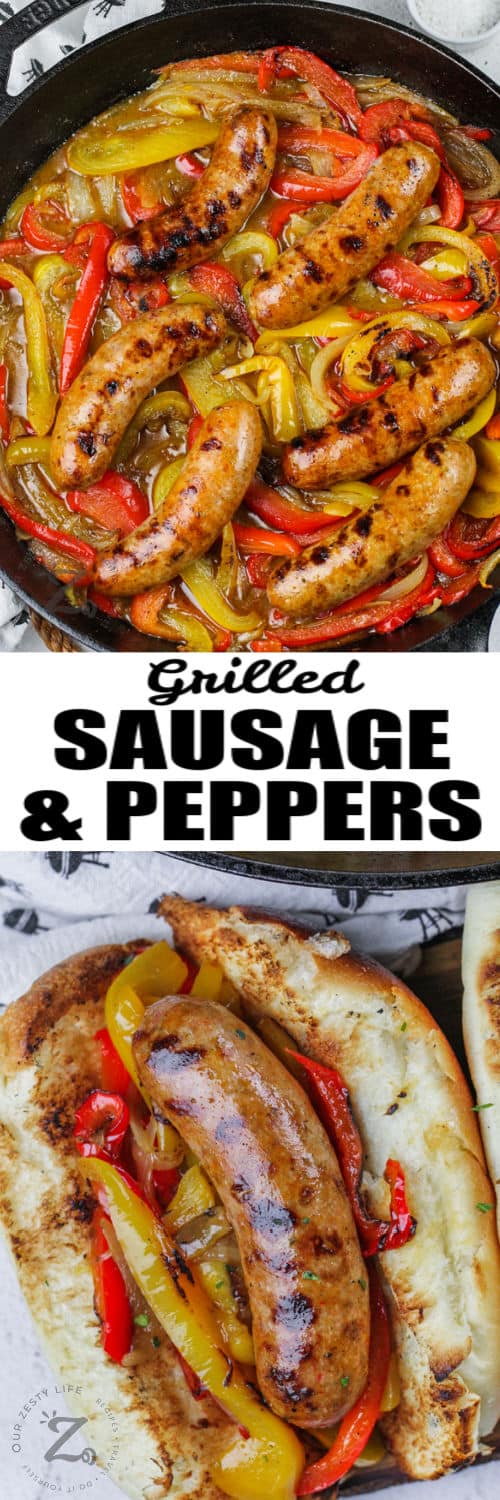 Grilled Sausage and Peppers in the pan and in a hot dog bun with a title