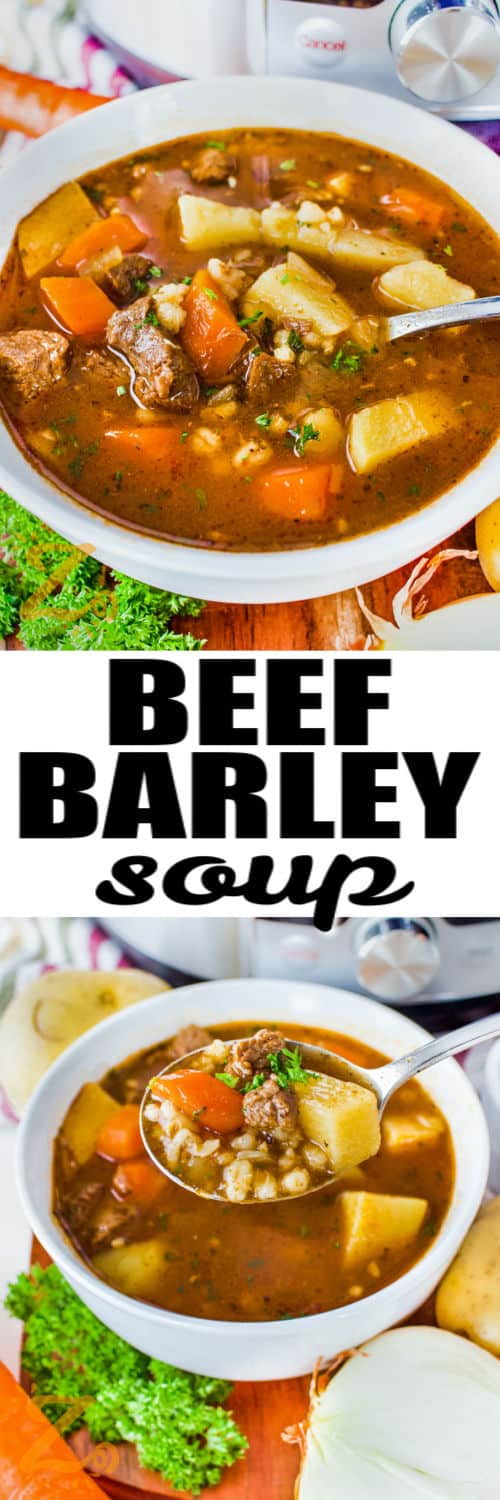 Instant Pot Beef Barley Soup in the bowl and on a spoon with a title