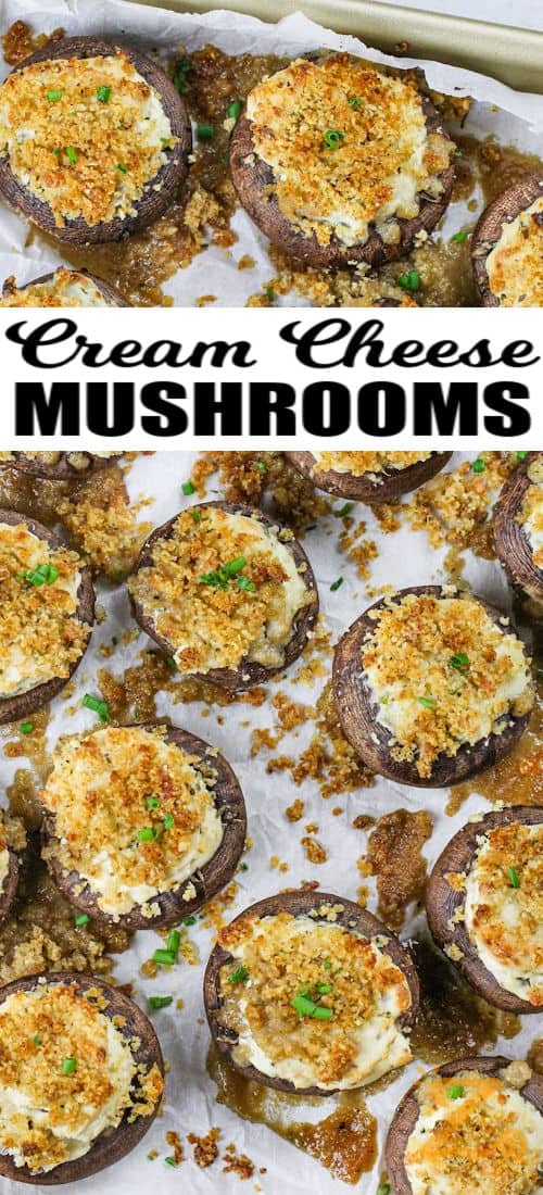 sheet pan full of Stuffed Mushrooms with a title