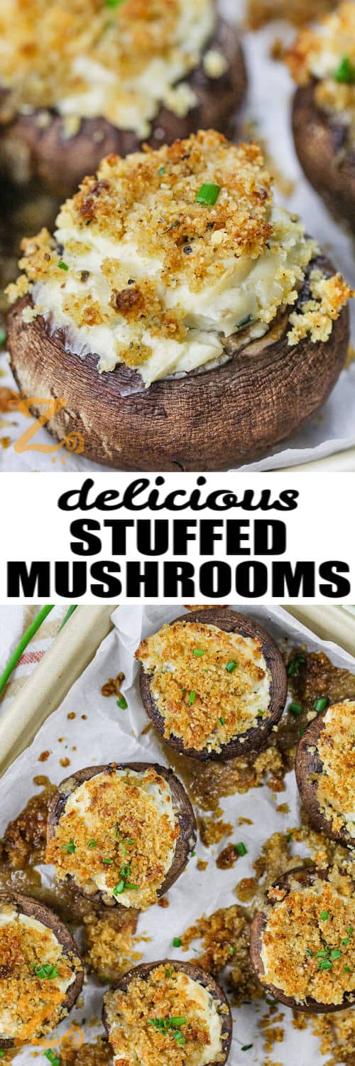 Stuffed Mushrooms on a sheet pan and plated with a title