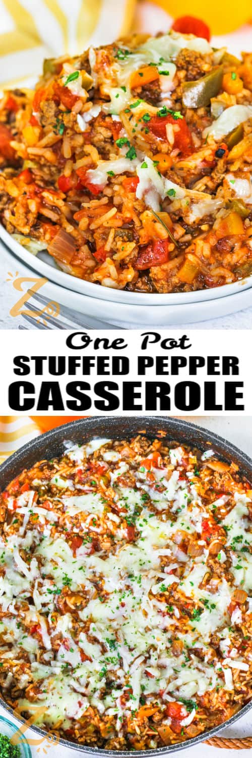 Stuffed Pepper Casserole in the pot and plated with writing