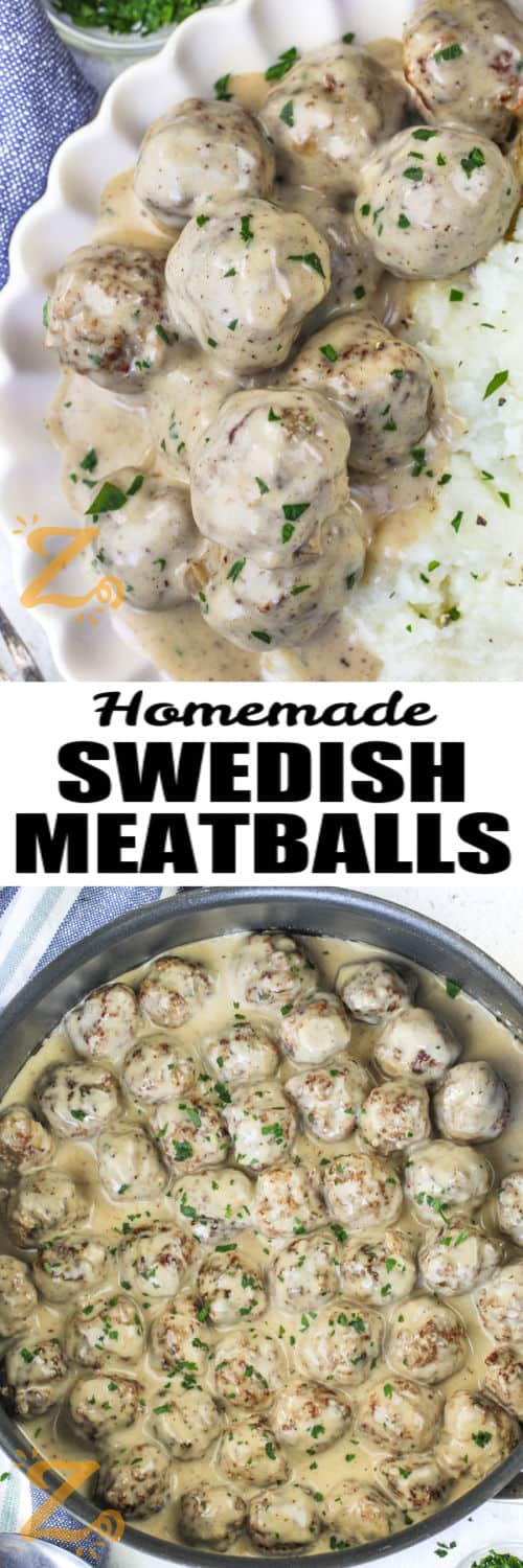 Swedish Meatballs in the pan and plated with a title