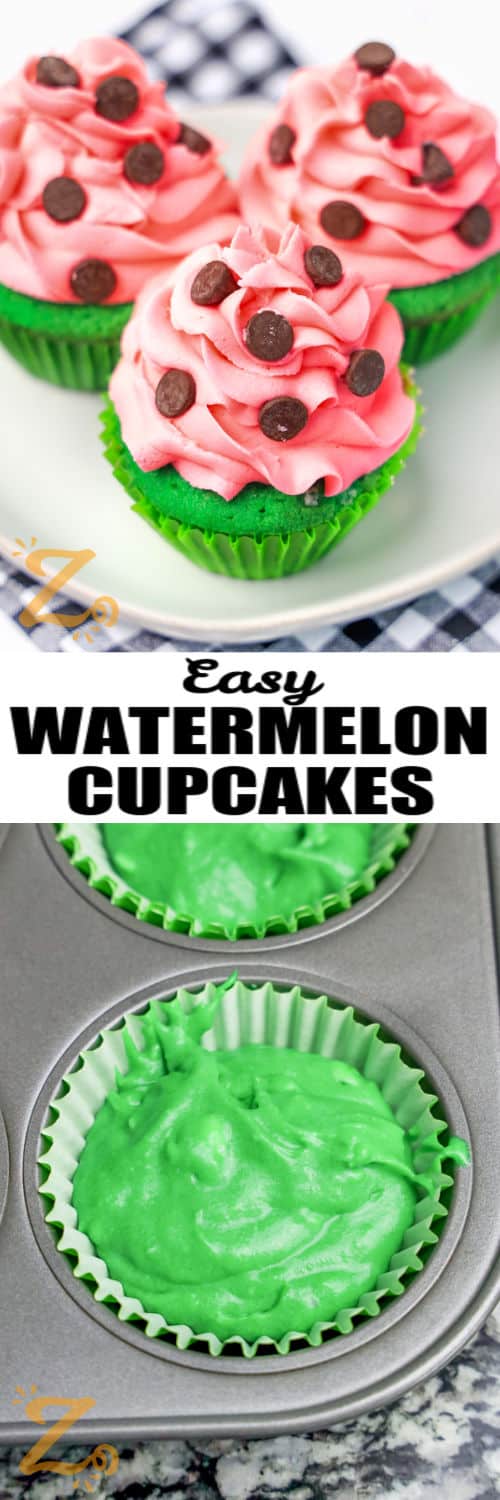 Watermelon Cupcakes before baking and plated with writing