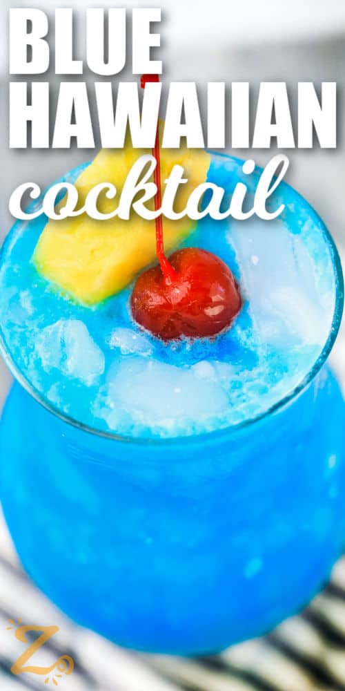 Blue Hawaiian Cocktail with a cherry on top and a title