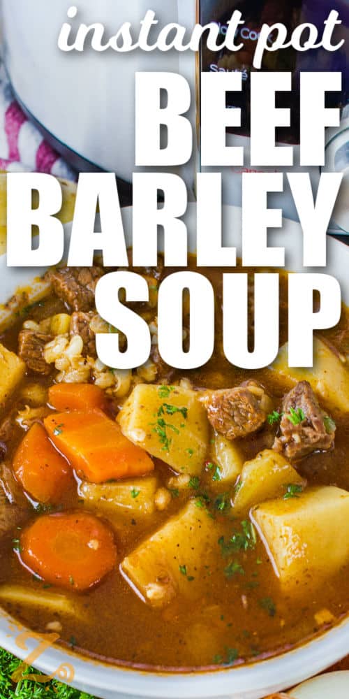 cooked Instant Pot Beef Barley Soup in a bowl with writing