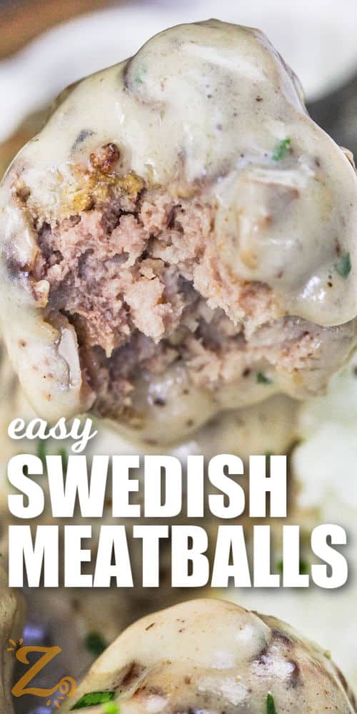close up of Swedish Meatballs with a bite taken out with writing