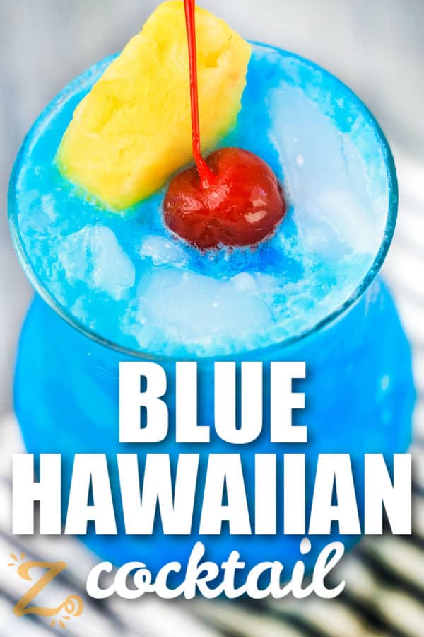 close up of Blue Hawaiian Cocktail with writing